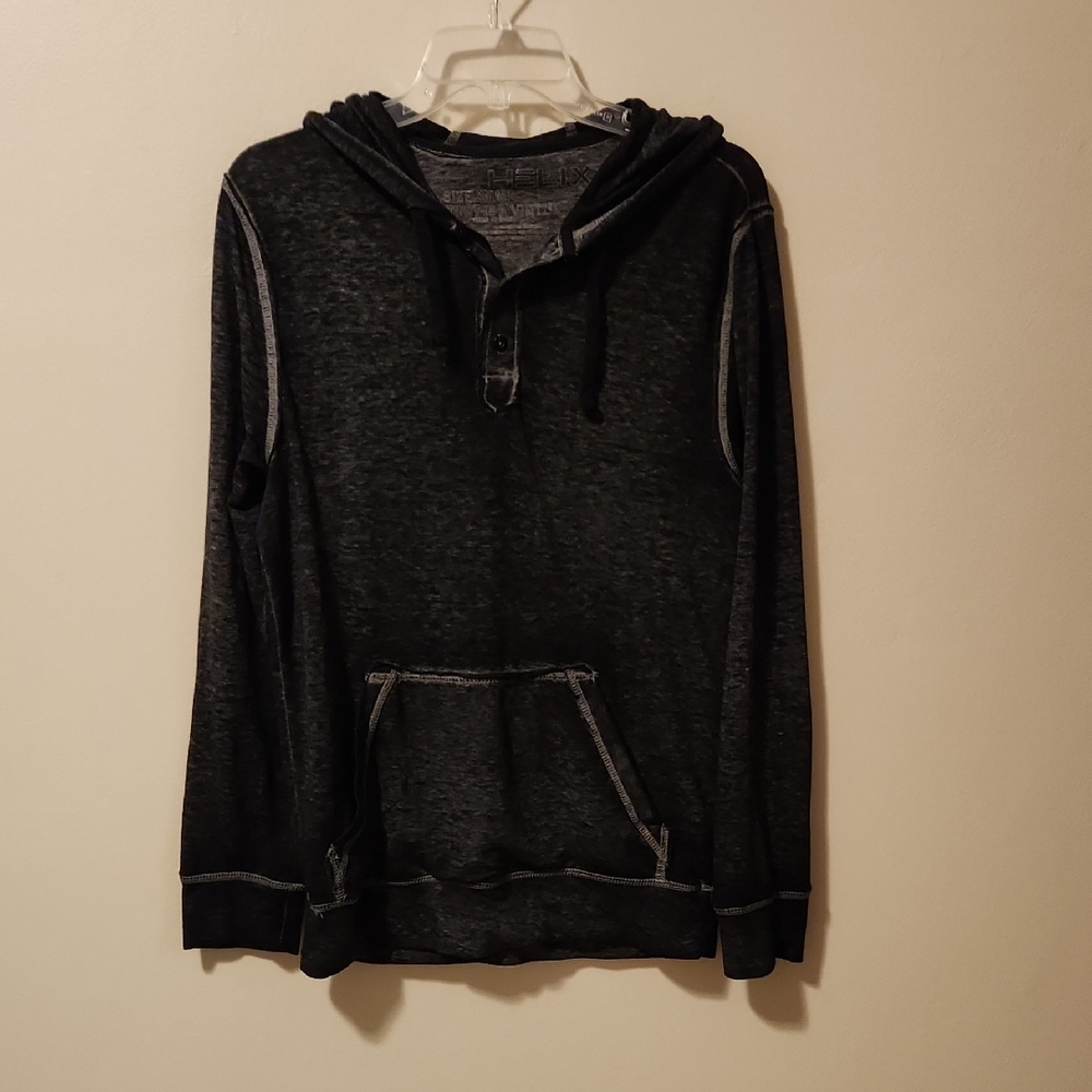 Helix Buckle Men's Black Heathered Henley Hoodie Pullover Kangaroo Pockets S